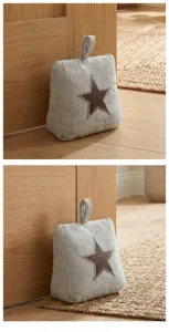 Fabric door stop detail showing textured grey herringbone weave with brown star applique handle.