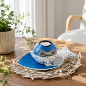 Candelabro de cerámica con plato en forma de cuerda de yute y ancla para mesa
