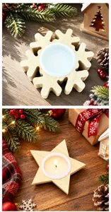 Wooden Christmas candle holder set snowflake and star design tabletop holiday decor for home