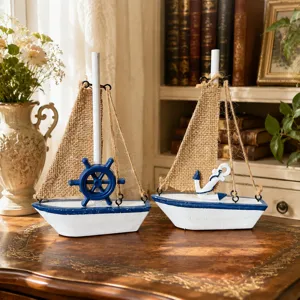 Mediterranean wooden sailboat model home decor, nautical desktop ornament with canvas sails.