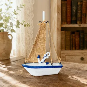 Mediterranean wooden sailboat decor model with burlap sail and anchor ornament home desk display