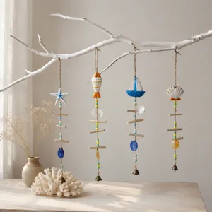 Mediterranean Ocean Sailboat Shell Starfish Wind Chime Wooden Hanging Pendant For Home Door Window Balcony Wall Decoration