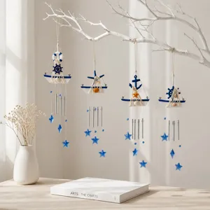 Mediterranean Wooden Sailboat Wind Chime Creative Hanging Ornament With Metal Tubes Blue Stars Home Office Kids Room Decor