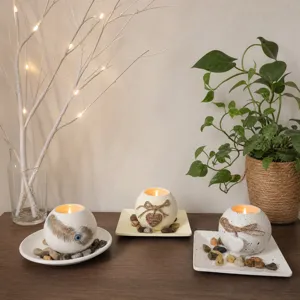 Candelabro Esférico de Cerámica Retro Decoración de Cuerda de Cáñamo Base de Cera de Té Adorno de Escritorio para el Hogar