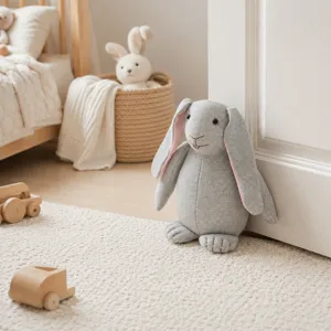 Cute gray lop-eared bunny plush door stop, cozy nursery room decor, soft fabric door stopper.