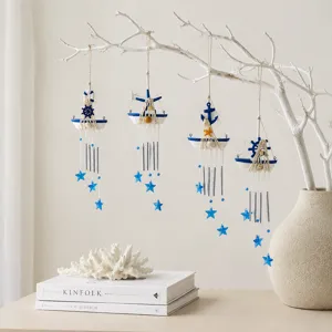 Mediterranean sailboat wind chime with blue stars, hanging decor for home, room and office.