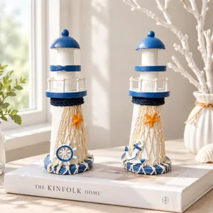 Mediterranean wooden lighthouse desktop ornament nautical home decor with net and starfish.