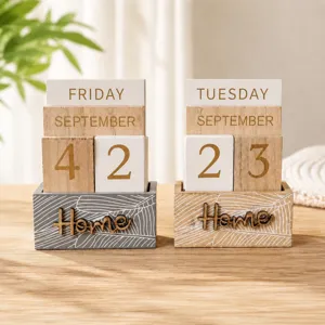Wooden perpetual calendar desk block calendar vintage home office decor daily planner item