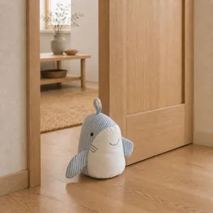 Cute blue white striped shark doorstop, soft fabric creative door blocker for home decor.