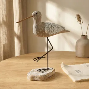 Figurine décorative d'oiseau de rivage en bois artisanal avec pieds en métal pour table.