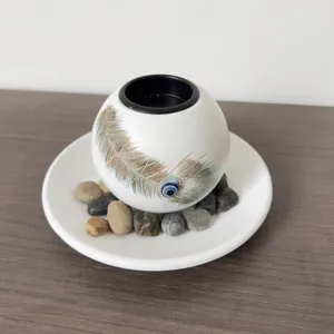 Candelabro decorativo esférico de cerámica con diseño de plumas y bandeja para el hogar