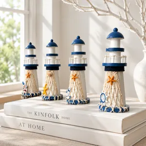 Mediterranean wooden lighthouse tabletop decor set nautical ocean home shelf ornaments.