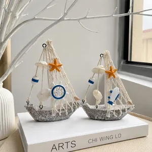 Mediterranean vintage wooden sailboat ornament desktop decoration craft set with white net