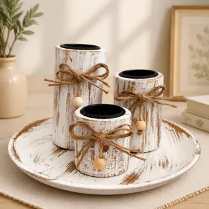 Nordic rustic wooden candle holder set with tray, distressed white finish for home decor.