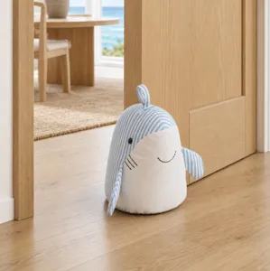 Cute blue stripe shark doorstop, decorative fabric cartoon animal door blocker for home room.