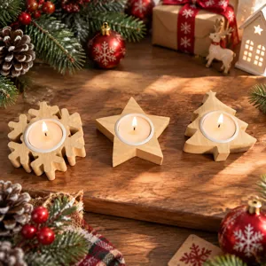 Christmas wooden tealight candle holder set, snowflake, star, and tree shape for home decor.