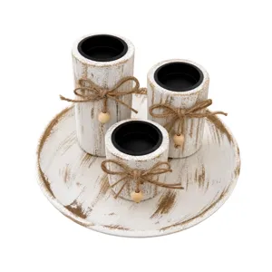 Rustic wooden candle holder set with round tray, farmhouse distressed tabletop decor for home.