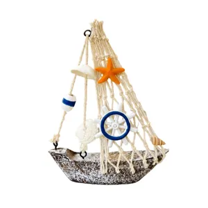 Mediterranean wooden sailboat ornament nautical desktop decor with fishing net and starfish