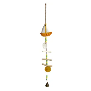 Mediterranean style wooden sailboat shell wind chime hanging decor for home balcony window.