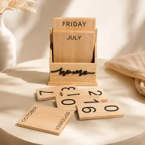 Wooden perpetual calendar block desk ornament creative home decor date display handmade setup
