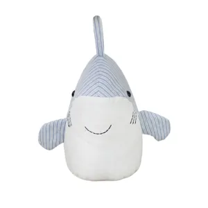Cute blue striped shark door stop plush, cartoon anti-collision decorative door stopper for home.