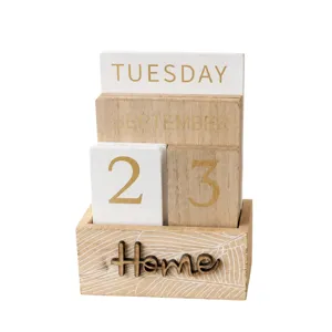 Wooden perpetual calendar desk block ornament home decor manual date display daily planner