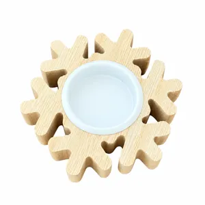 Wooden snowflake candle holder for Christmas home decor, rustic table candle stand with white cup.