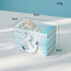 Caja de almacenamiento de madera estilo mediterráneo con ancla y concha, organizador de mesa.