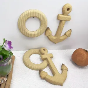 DIY unpainted blank life ring and anchor craft set for handmade coloring home decoration.