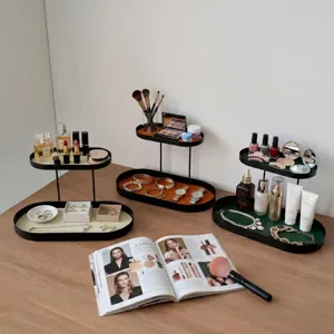 Étagère de rangement cosmétique de bureau en fer à deux niveaux plateau de maquillage vanité