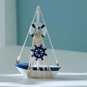 Mediterranean wooden sailboat model with net and life ring, mini desktop decor and prop