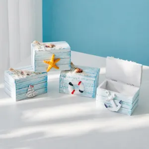 Caja de Almacenamiento de Madera Estilo Mediterráneo Organizador Decorativo Tema Playa Océano Con Elementos Marinos Regalo Artesanía Decoración Hogar