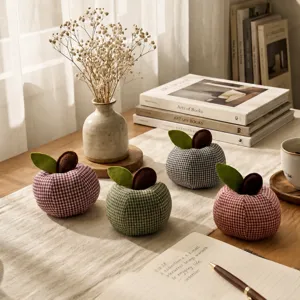 Vintage Handmade Fabric Apple Figurine Plaid Check Desktop Ornament Cute Home Decor Aesthetic Room Decor Craft Gift