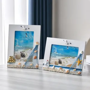 Mediterranean Style Wooden Photo Frame Ocean Theme Nautical Picture Frame With Shell Starfish Desktop Decor