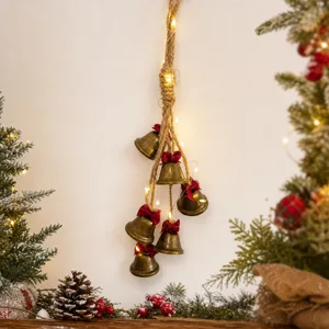 Christmas hanging bells decoration with LED string lights rustic boho metal bell for holiday party