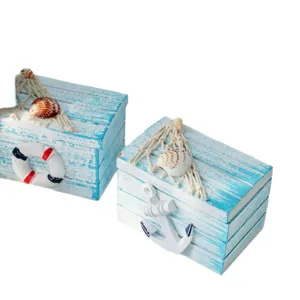 Caja de almacenamiento de madera náutica estilo mediterráneo decoración de playa