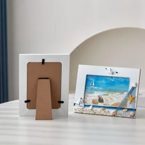 Mediterranean style 6 inch wooden photo frame with sea shell starfish decor for home display