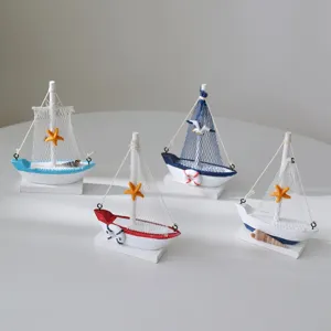 Mediterranean wooden sailboat model ornaments set for desktop home office decoration.