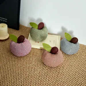 Vintage fabric handmade apple decorative ornaments set, retro plaid design for home table decor.