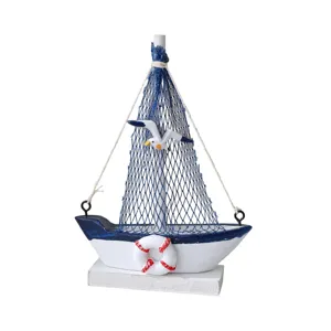 Mediterranean wooden sailboat model ornament desktop decoration with net and seagull