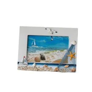 Mediterranean style 6 inch ocean photo frame with seashells and starfish for home decor.