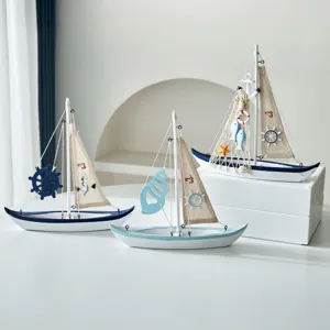 Mediterranean wooden sailboat model desktop home decor craft ornament nautical sculpture