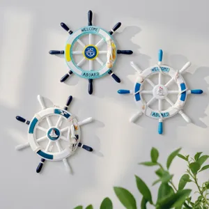 Mediterranean Style Wooden Ship Wheel Wall Hanging Decor Nautical Distressed Hanging Ornament For Room Bar Home Decor