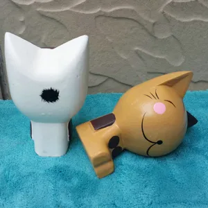 Handmade wooden cat figurine set, creative home desktop decor, yellow and white cat ornament.