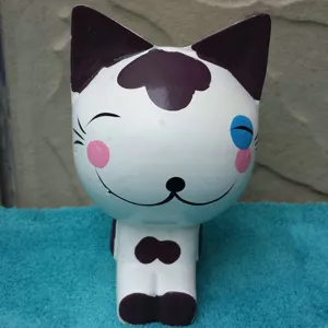 Handmade wooden cat figurine desktop ornament, cute cartoon painted white kitty decor gift