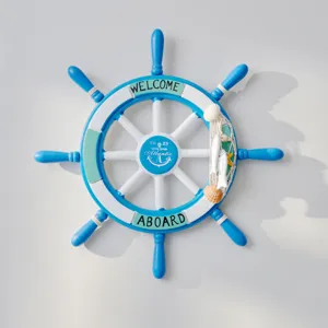 Mediterranean wooden ship wheel wall hanging decor with ocean theme for home room bar style.
