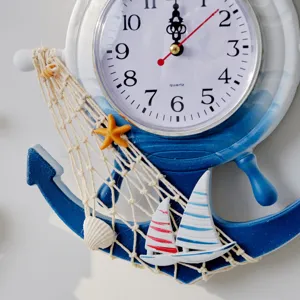 Reloj de pared de ancla de madera estilo mediterráneo con elementos náuticos
