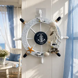 Wooden ship steering wheel wall hanging 28cm nautical coastal decor with shells and net