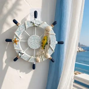 Wooden ship helm wall decor 28cm Mediterranean nautical hanging ornament for home room decor.