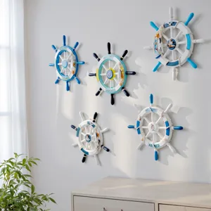 Mediterranean style wooden ship helm wall hanging decor for room and bar interior styling.